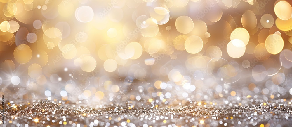 Poster christmas-themed background with shimmering silver and gold tones, adorned with various twinkling bo