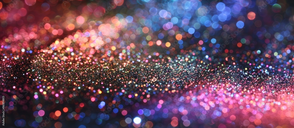 Poster Vibrant multicolor glitter texture dispersing in midair to form an abstract powder splattered background, captured in a freeze motion with copy space image available.
