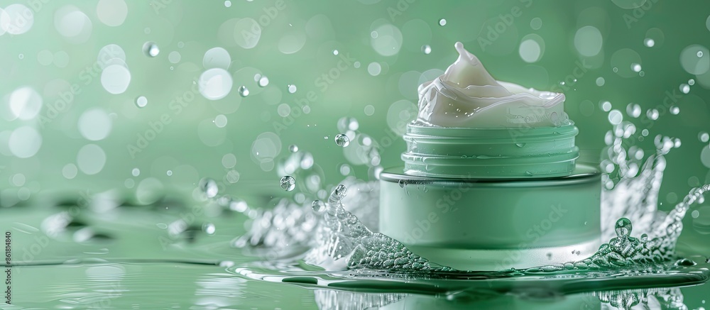 Poster a hydrating face cream jar on a green backdrop with water droplets, conveying a spa and skincare the