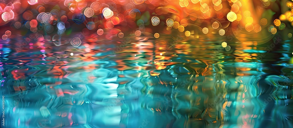 Poster colorful abstract bokeh background with tree reflections, ideal for adding text or graphics, featuri
