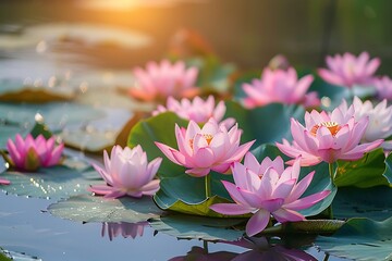 The radiant serenity of a lotus pond at sunrise, each bloom touched by light