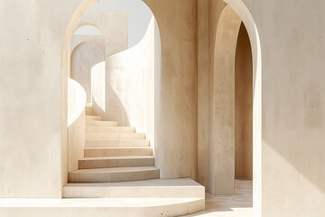 Archetypal modern design with smooth arches and stairs in sunlight, showcasing architectural minimalism and purity