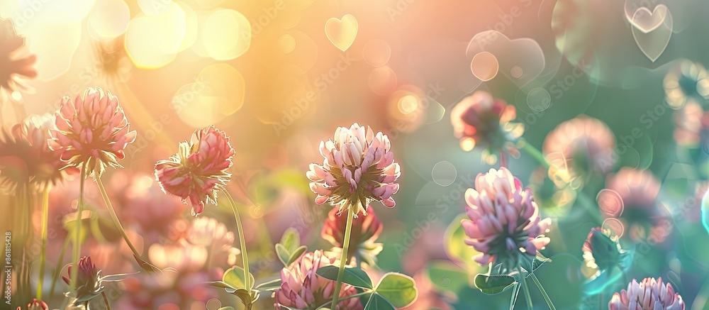 Aufkleber Soft card with a pastel background featuring an out-of-focus summer image of blooming clover on a meadow, with warm tones and heart-shaped bokeh, offering copy space image.