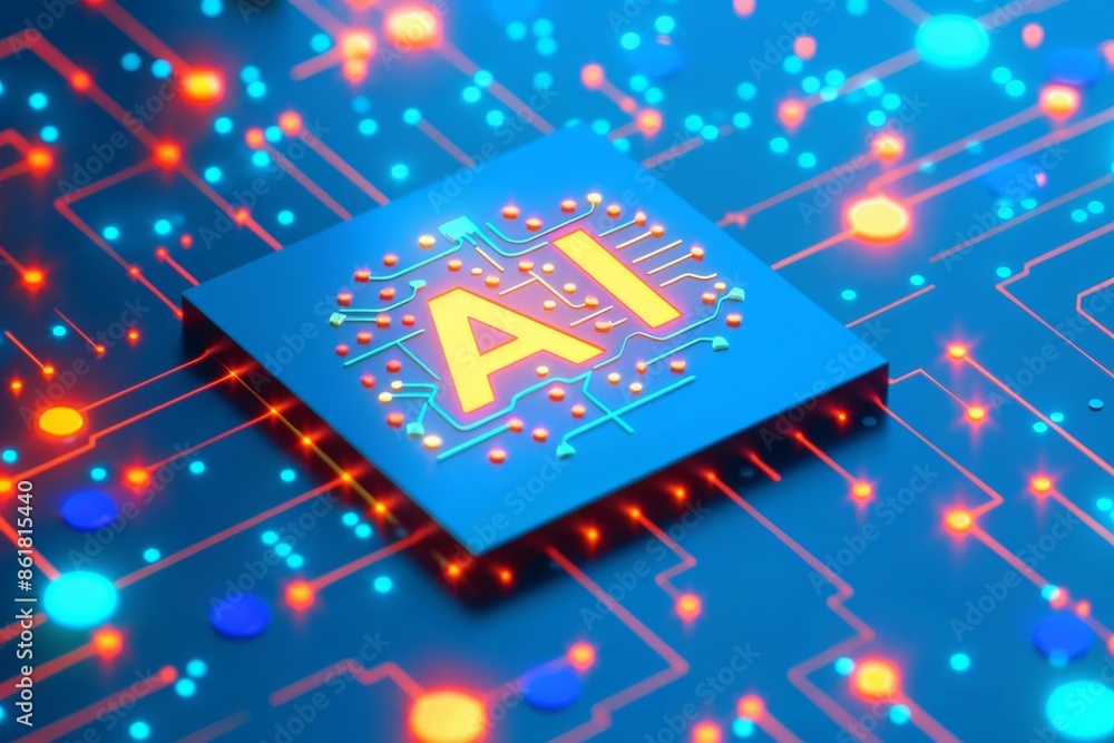Poster ai robot with blue eyes in a minimalistic, futuristic setting symbolizing advanced robotics and arti