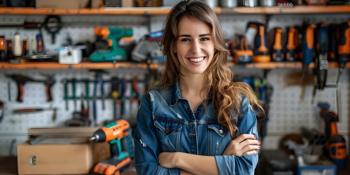 Happy woman with cordless drill in tidy workshop with various tools. Concept DIY Projects, Home Renovation, Woman in Workshop, Power Tools, Organization