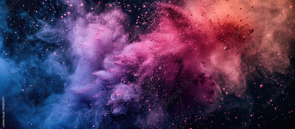 Poster vibrant powder or particles burst against a dark backdrop creating a stunning copy space image.
