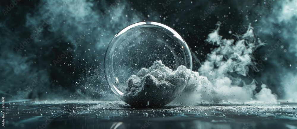 Aufkleber An abstract display of powder or smoke particles exploding within a glass sphere on a dark backdrop, with room for adding images. Copy space image. Place for adding text and design