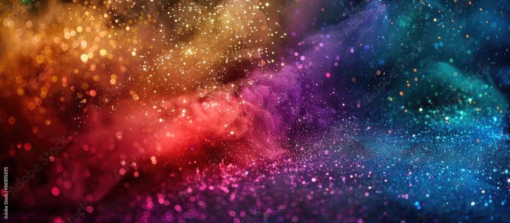 Poster Colorful powders splattered on a dark backdrop, capturing the vibrant explosion of multicolored glitter, perfect for a copy space image.