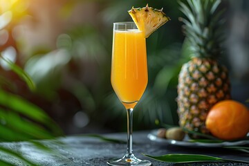 A glass of orange juice with a pineapple slice on top