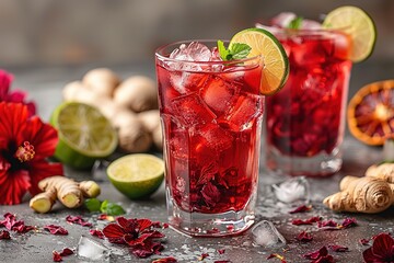Two glasses of red drink with ice and lime slices on top