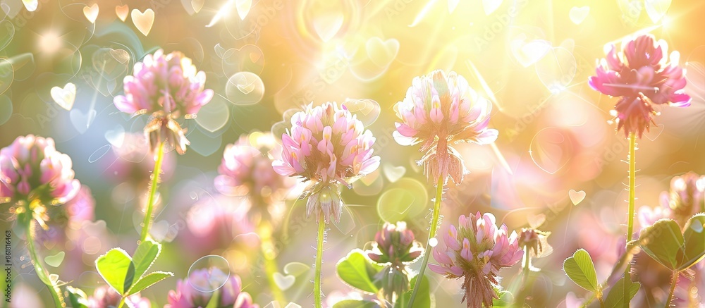 Poster Soft card with a pastel background featuring an out-of-focus summer image of blooming clover on a meadow, with warm tones and heart-shaped bokeh, offering copy space image.