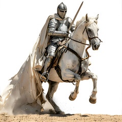 Fototapeta premium Medieval knight clad in full armor, including helmet with visor, rides white horse. He holds sword in his right hand, and horse is adorned with bridle and a saddle, on white background