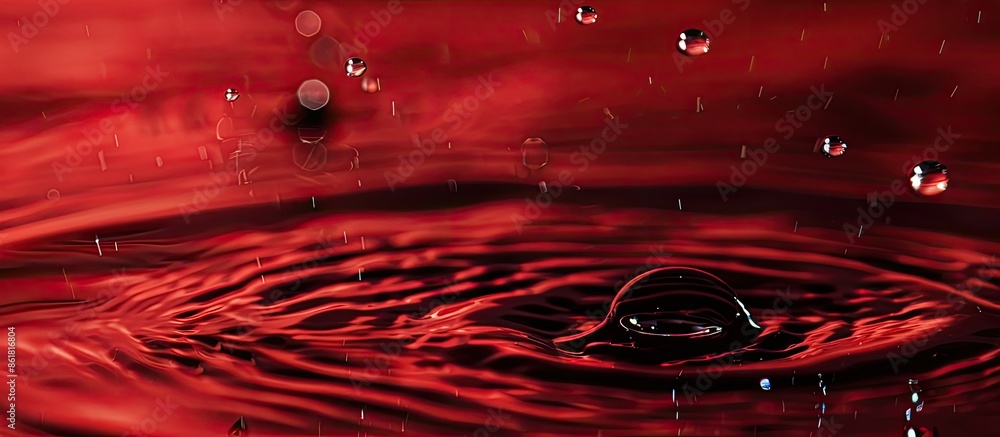 Sticker water droplets formed on a rippled water surface with a red background provide a striking copy space