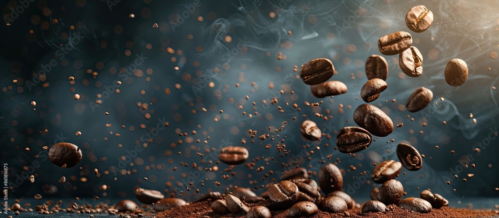 Poster coffee beans falling on a pile symbolizing breakfast, energy, freshness, and great aroma on a dark b