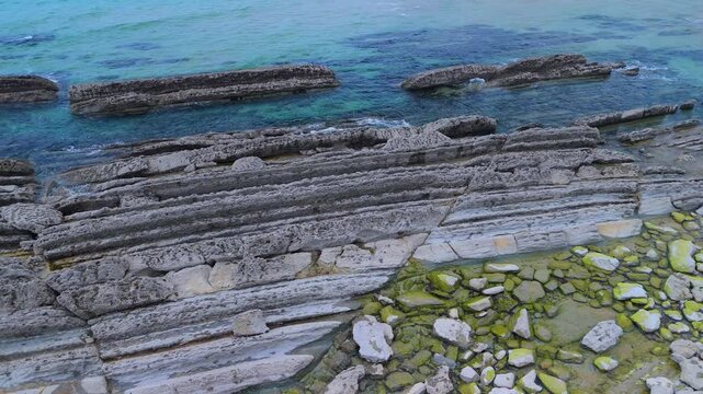Coastal landscape on the Tagle coast in El Sable. Aerial view from a drone. Arnuero Municipality. Cantabrian Sea. Cantabria. Spain. Europe