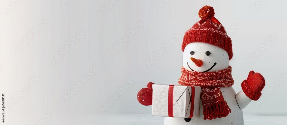 Aufkleber A creative snowman holding a gift box, displayed on a white background with space for text or other images. Copy space image. Place for adding text and design