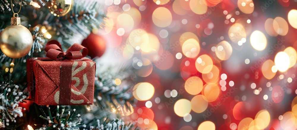 Poster christmas tree adorned with a gift box ornament against a bokeh background with shallow depth of fie