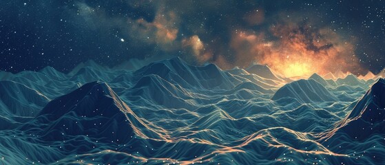 Cosmic landscape with mountains under a starry sky and glowing horizon, creating a surreal and otherworldly atmosphere.