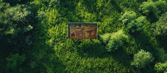 Aerial view of a sign with space for text on a grassy area. Copy space image. Place for adding text and design
