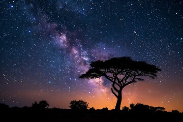 The silhouette of a solitary tree against a radiant, star-filled night sky