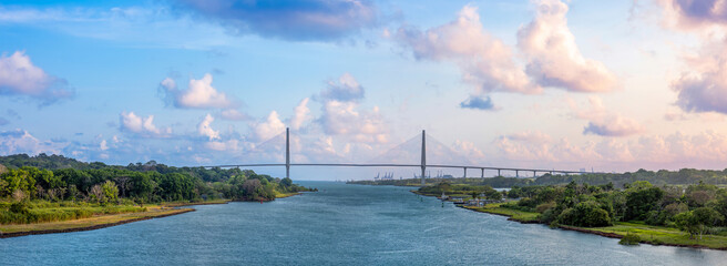 Panama Canal with locks connecting Atlantic and Pacific for global commerce shipments navigation