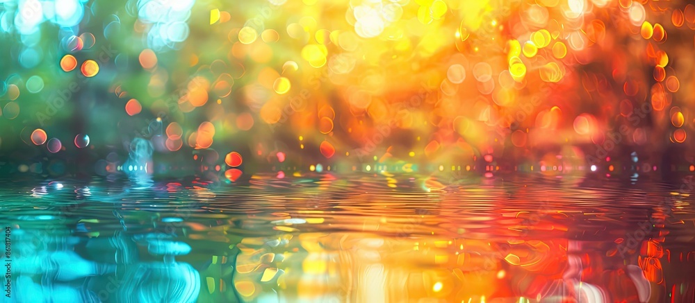 Poster colorful abstract bokeh background with tree reflections, ideal for adding text or graphics, featuri