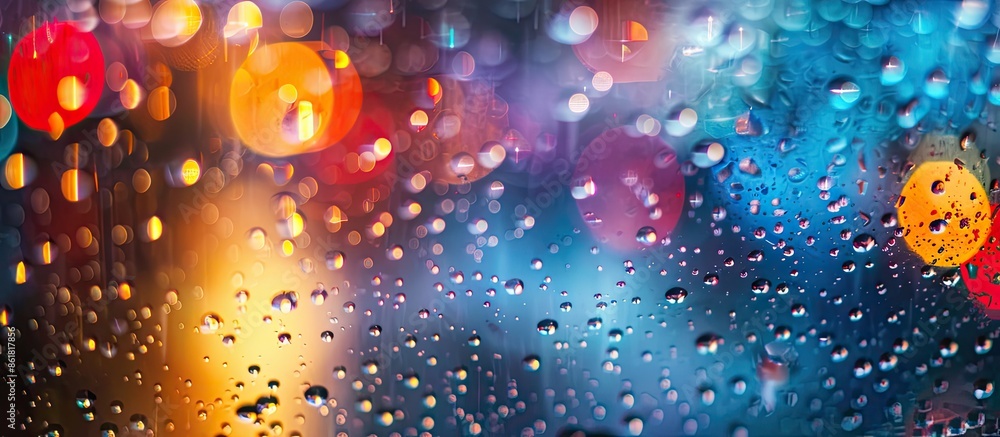 Poster Nighttime rain and light create a vibrant bokeh effect with a colorful backdrop, ideal for a copy space image.