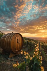 Obraz premium Picturesque Wooden Barrel Sauna Overlooking Vineyard at Sunset - Perfect for Relaxation and Tranquility