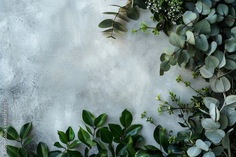 Canvas Prints Fresh eucalyptus branches laid out on a textured concrete background, ideal for natural and minimalist design themes