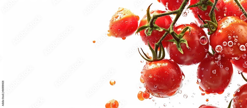 Poster Cherry tomatoes are appetizing against a blank space in the image. Copy space image. Place for adding text and design