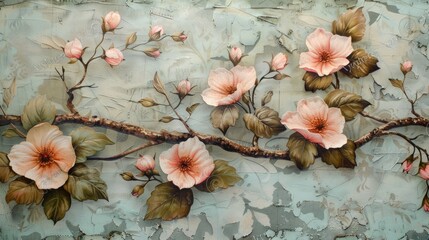 Delicate pink flowers blossom on a branch, showcasing springtime beauty against a textured blue background.