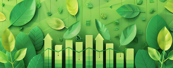green leaves on a financial report with bar charts, eco-friendly finance ,flat design