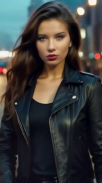 Vertical Beautiful Woman in a Black Leather Jacket 4K features an A.I. generated video of a beautiful woman with long hair in a black leather jacket with city streets and traffic behind her in a verti