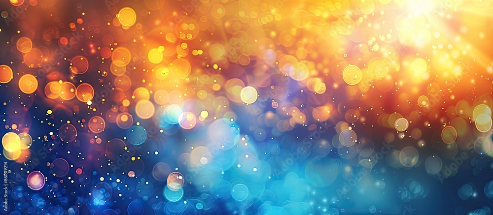Poster abstract background with blurred colorful spots, including blue and yellow hues, featuring a bright 