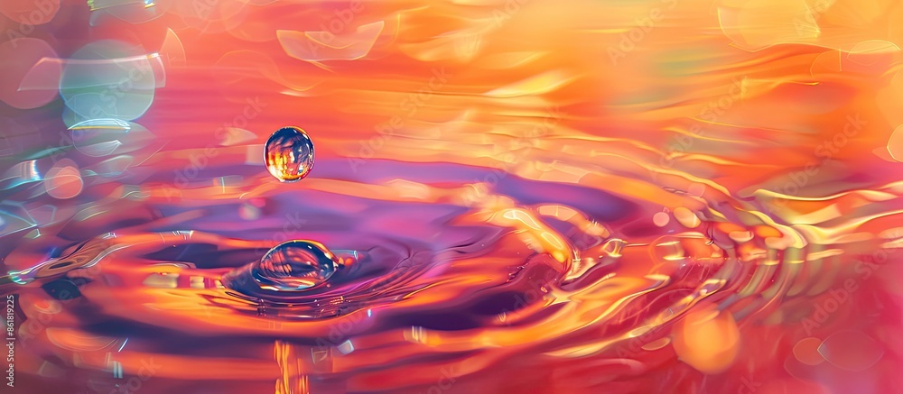 Poster macro shot of an abstract water droplet against a retro filter background, with ample copy space ima