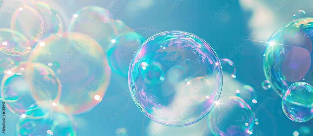 Poster beautiful soap bubbles with iridescent colors floating against a blue sky background, creating a cap