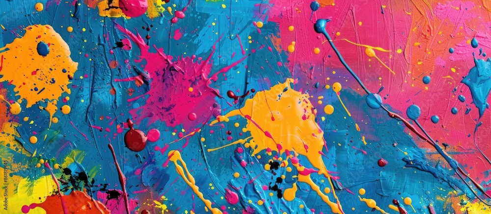 Poster background with mixed color paint splatter patterns, creating a colorful and messy splashes backdrop