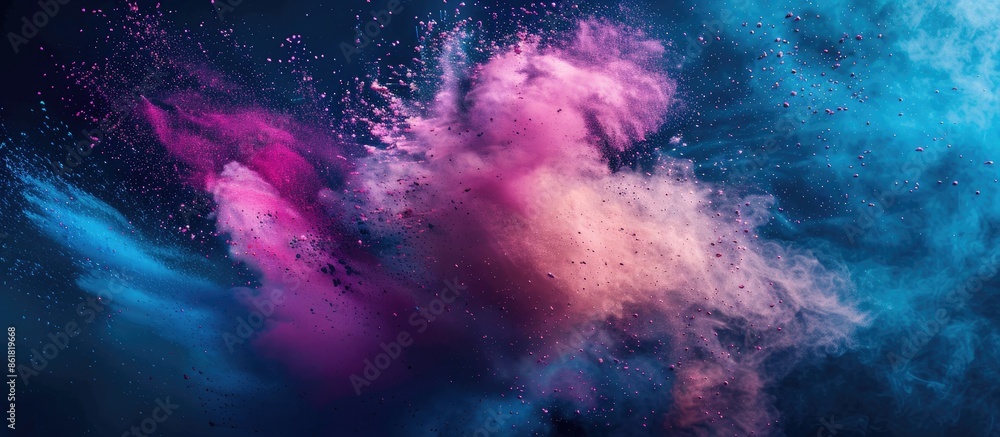 Poster vibrant powder or particles burst against a dark backdrop creating a stunning copy space image.