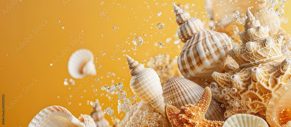 Poster sea shells in white and brown hues with coral design floating above a lively yellow backdrop, repres