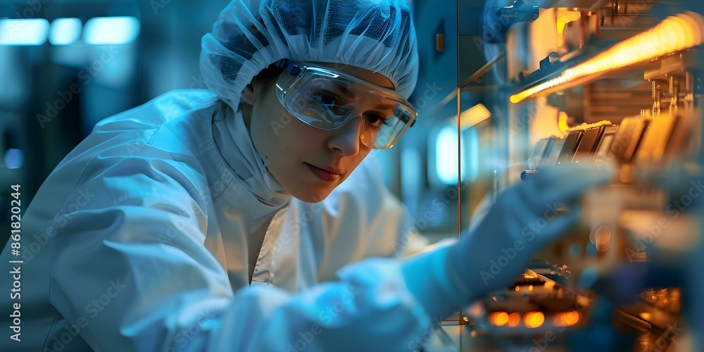 Poster preparing experimental samples for semiconductor device production in advanced laboratory. concept s