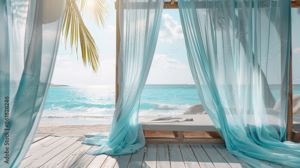 Poster soft pastel blue fabric dd over the windows of a beach cabana creating a tranquil and relaxing envir