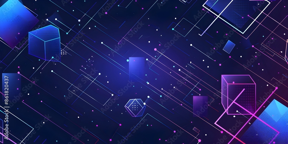 Poster a flat vector pattern of blue and purple isometric grid lines on a dark background, representing a m