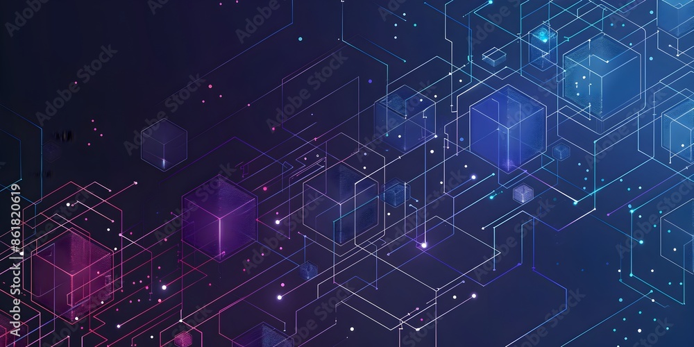 Poster a flat vector pattern of blue and purple isometric grid lines on a dark background, representing a m