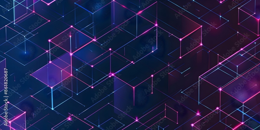 Poster a flat vector pattern of blue and purple isometric grid lines on a dark background, representing a m