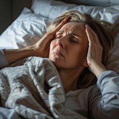 Elderly woman lying in bed, holding her head in pain, suffering from a headache.