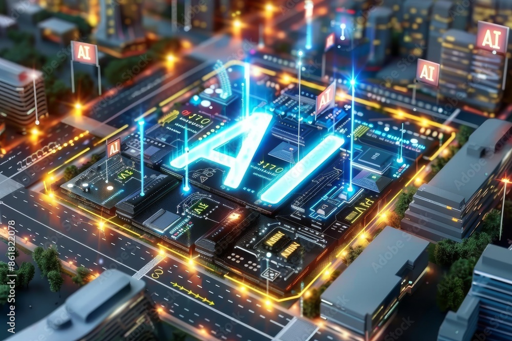 Poster advanced ai microchip in a high tech facility with glowing elements symbolizing cutting edge artific