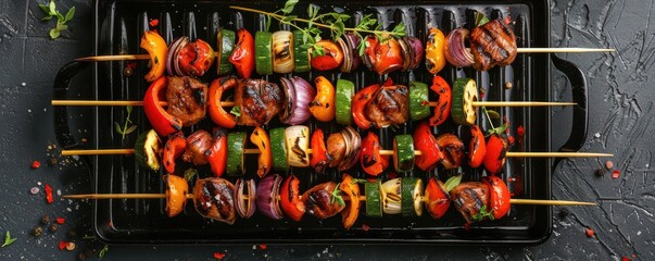 A plate of skewers with vegetables and meat on a grill. The skewers are arranged in a way that they are all touching each other.