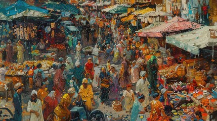 An oil painting of a bustling market square filled with people, colorful stalls, and lively activity.