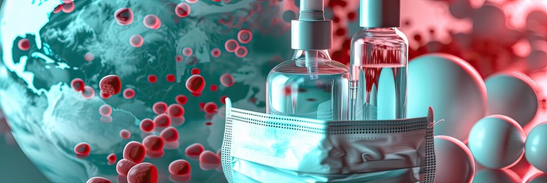 A person holding mask and hand sanitizer in front of globe