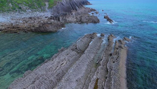 Coastal landscape on the Tagle coast in El Sable. Aerial view from a drone. Arnuero Municipality. Cantabrian Sea. Cantabria. Spain. Europe